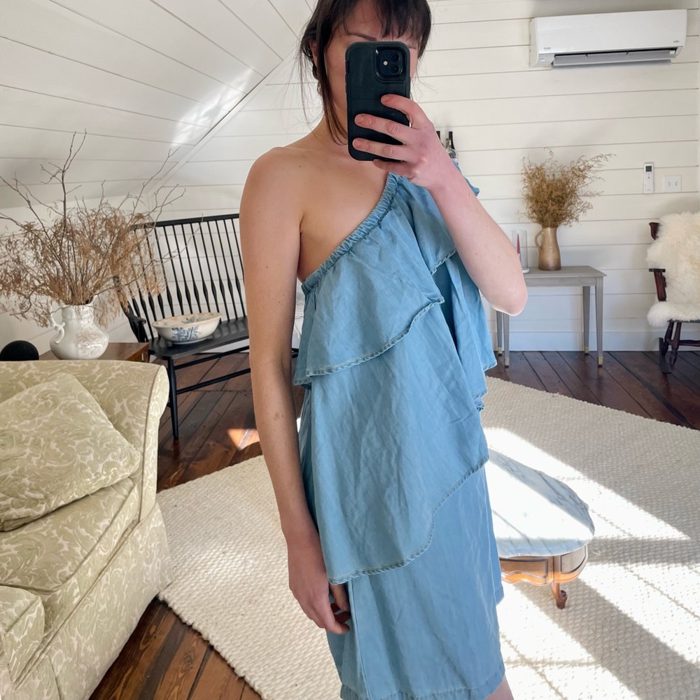 Denim One-Shoulder Ruffle Dress - Picture 2 of 4